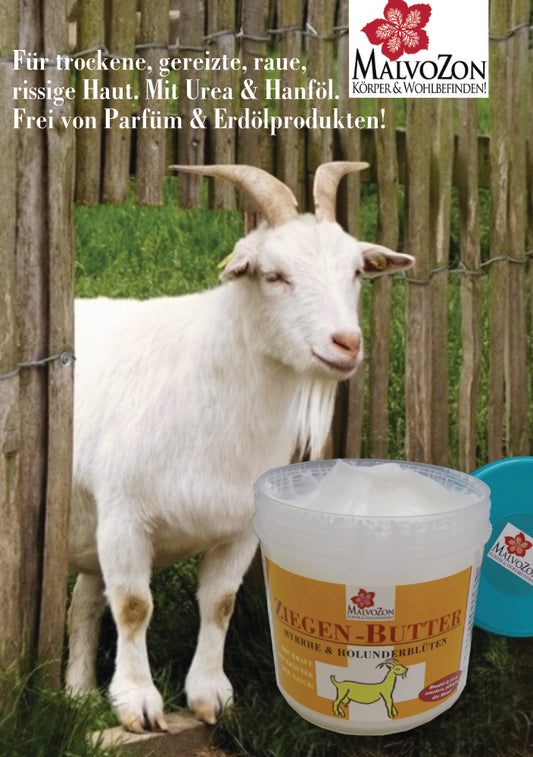 MalvoZon – „Ziegen-Butter“ – Hautpflege mit Myrrhe, Holunderblüten, Hanföl & Urea – 230ml